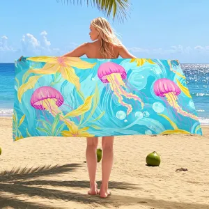 Colorful Jellyfish Microfiber Beach Towel Aquatic Design Quick Dry Absorbent Sand Free Oversized Lightweight Beach Blanket, Vacation Picnic Essentials 62x31 Inch