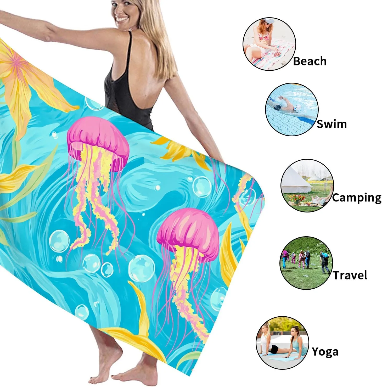 Colorful Jellyfish Microfiber Beach Towel Aquatic Design Quick Dry Absorbent Sand Free Oversized Lightweight Beach Blanket, Vacation Picnic Essentials 62x31 Inch