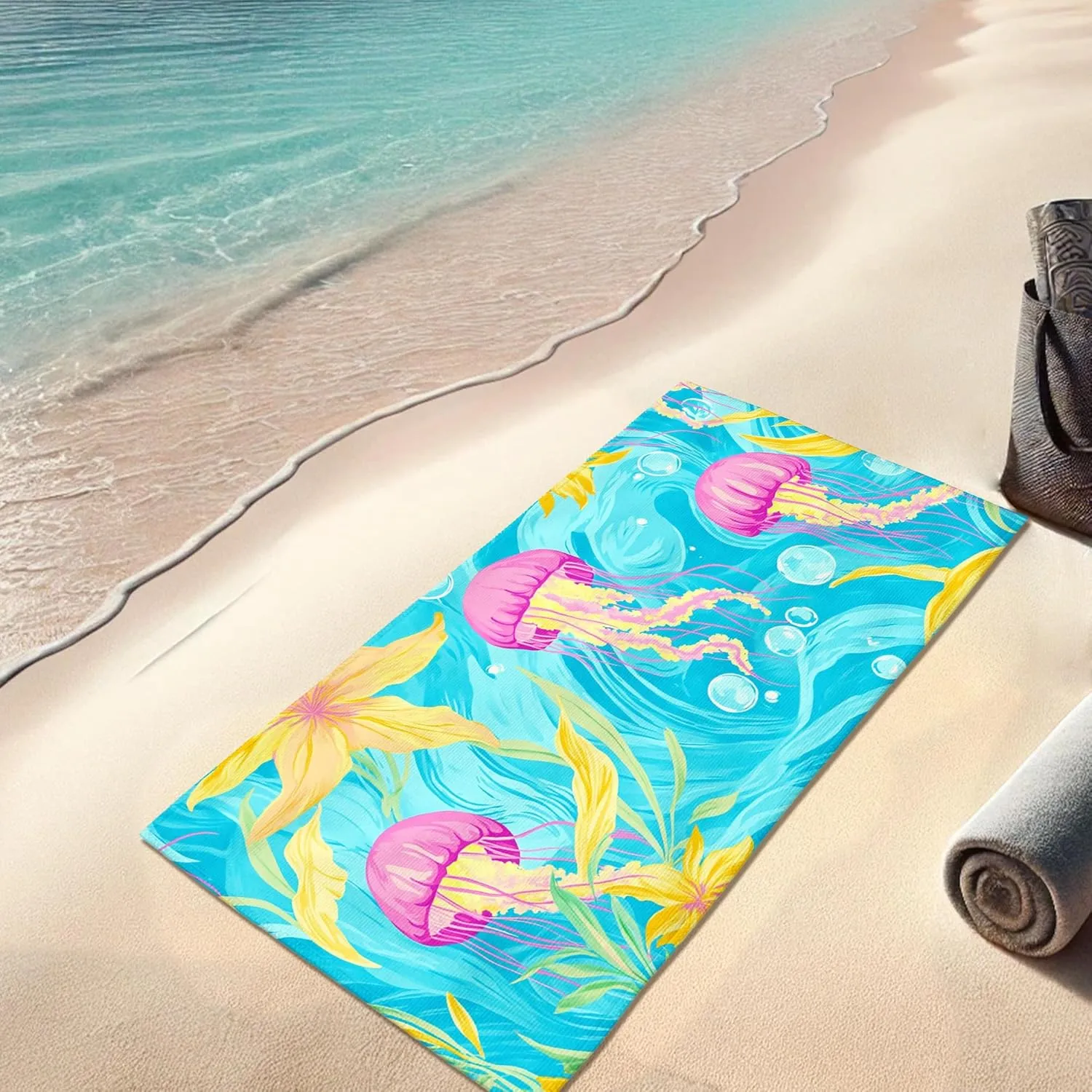 Colorful Jellyfish Microfiber Beach Towel Aquatic Design Quick Dry Absorbent Sand Free Oversized Lightweight Beach Blanket, Vacation Picnic Essentials 62x31 Inch