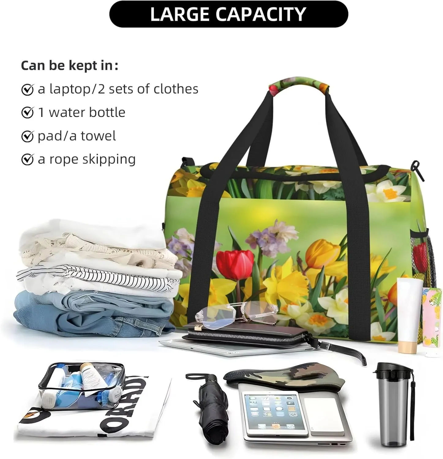 Colourful Flowers Tulips Travel Weekender Overnight Bags Foldable Hand Travel Bag Sport Gym Duffel Bag For Men Women