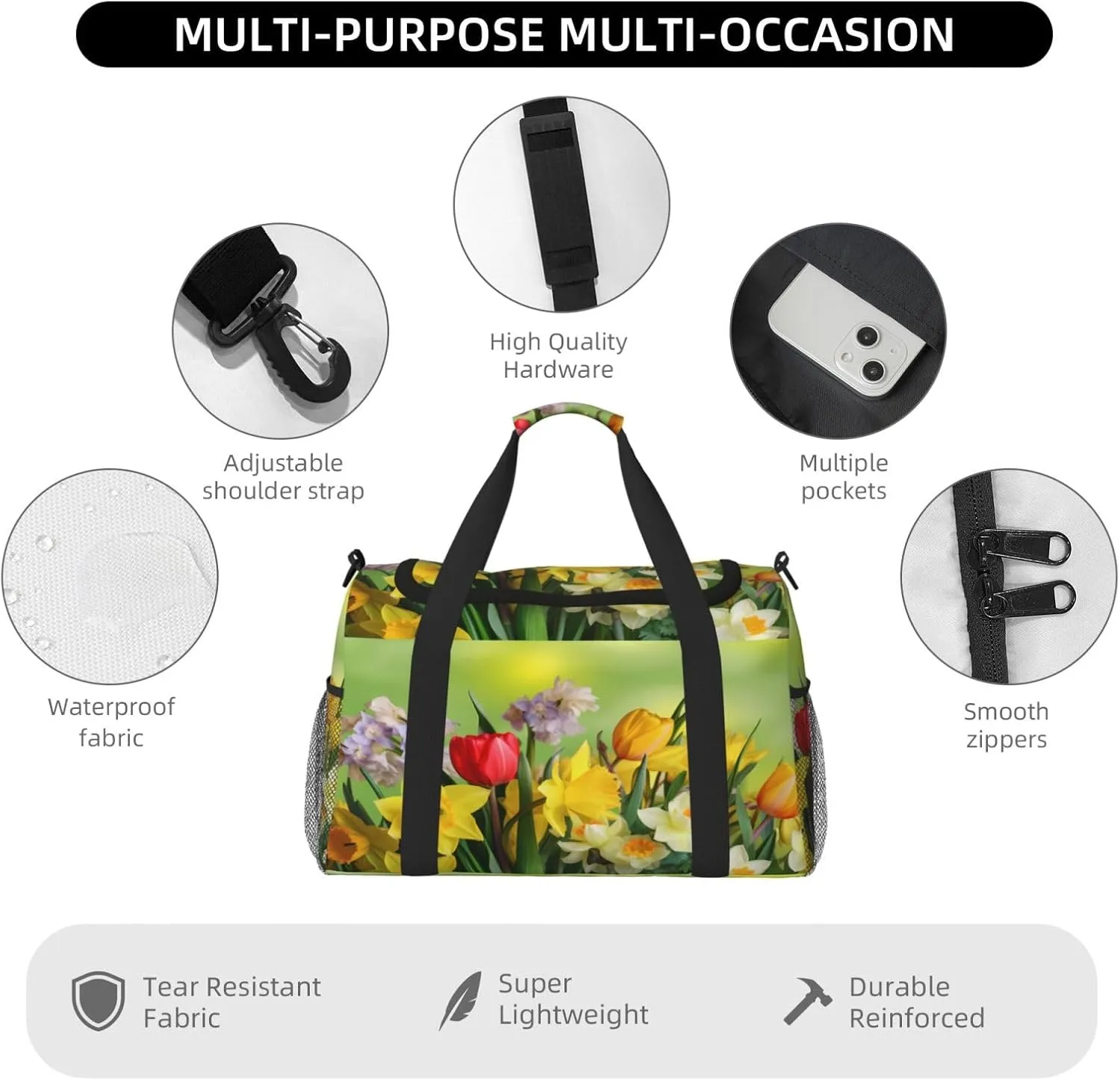 Colourful Flowers Tulips Travel Weekender Overnight Bags Foldable Hand Travel Bag Sport Gym Duffel Bag For Men Women