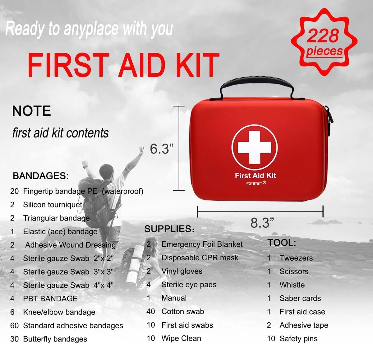 Compact First Aid Kit (228pcs) Designed for Family Emergency Care. Waterproof EVA Case and Bag is Ideal for The Car, Home, Boat, School, Camping, Hiking, Office, Sports. Protect Your Loved Ones. Red