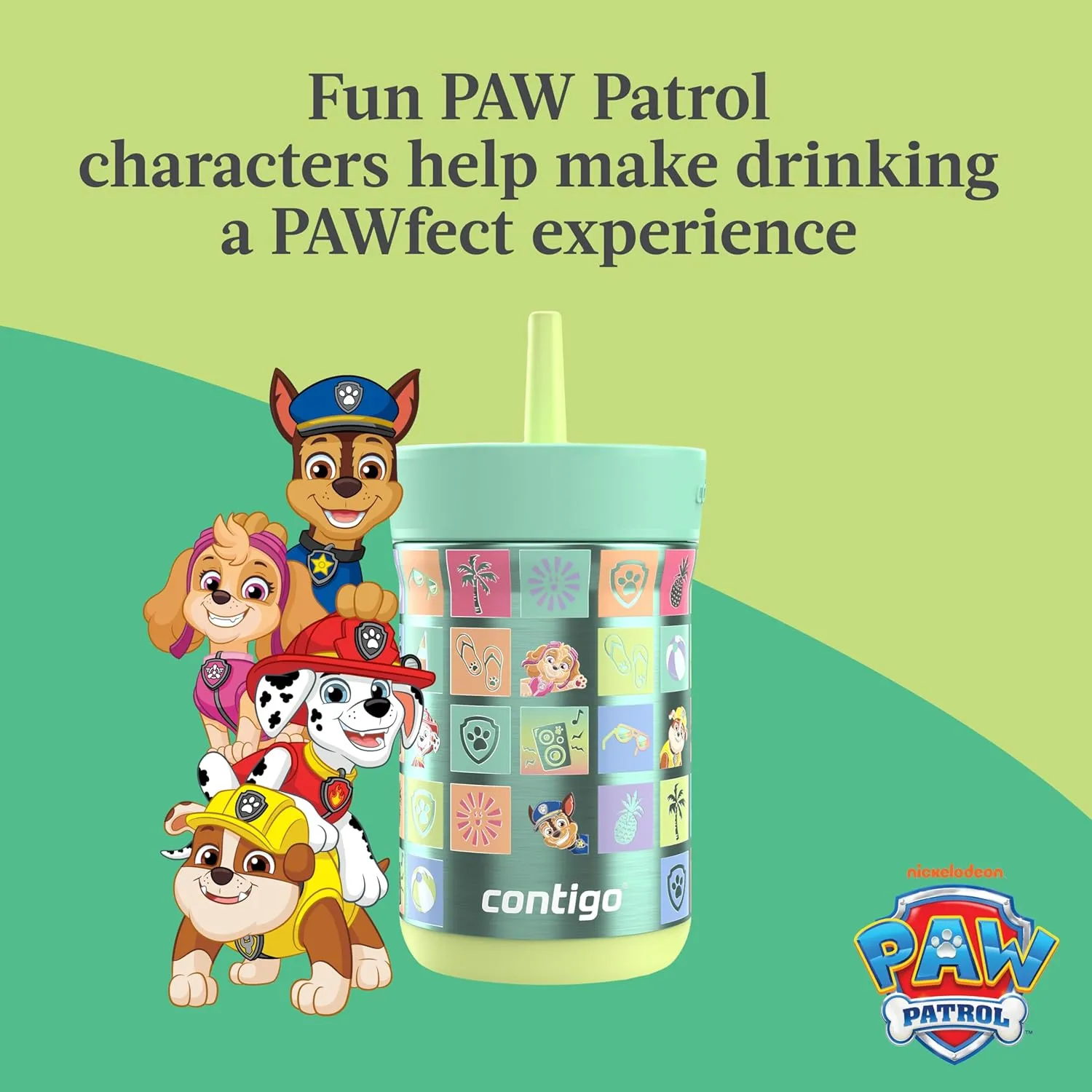 Contigo Kids Leighton Spill-Proof Stainless Steel Paw Patrol Tumbler with Straw, 12oz, Beach Day, Green