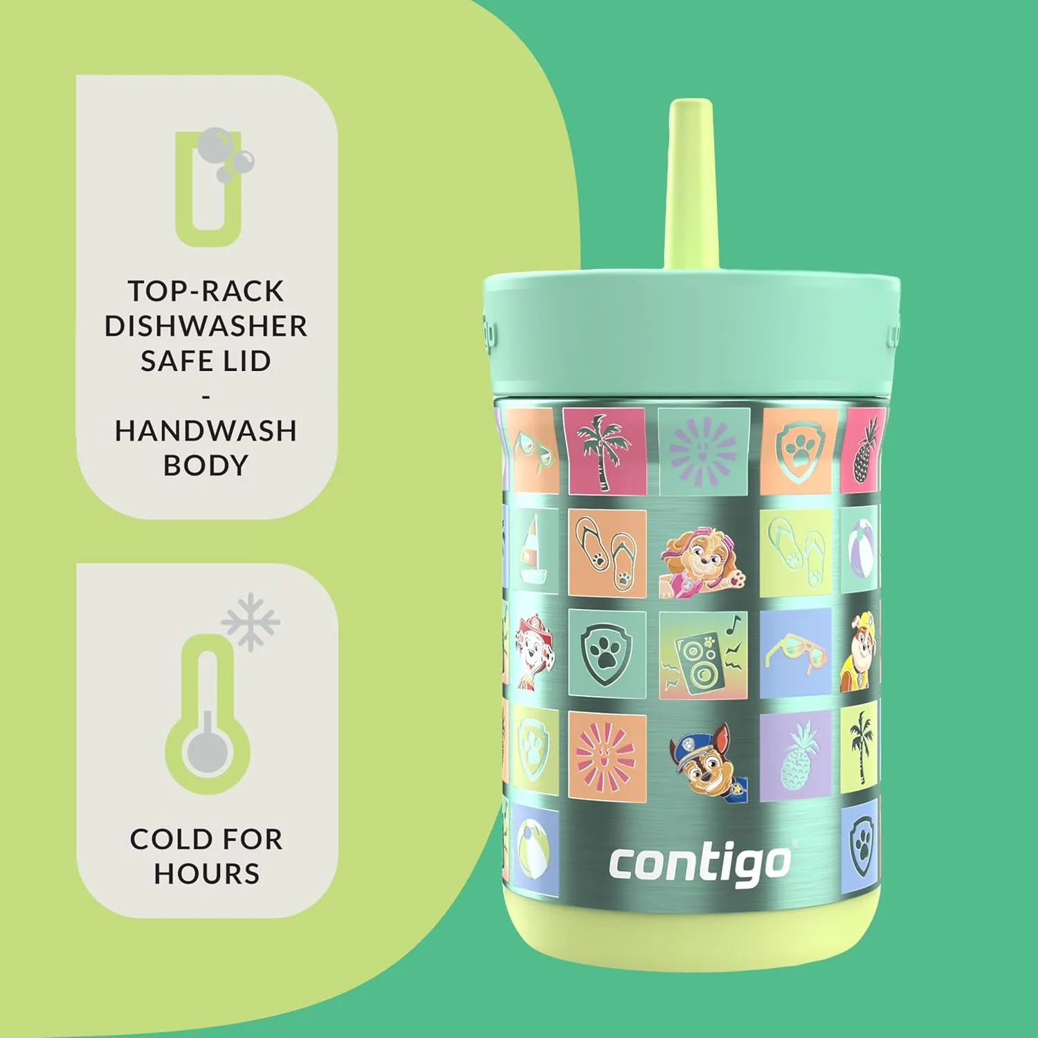 Contigo Kids Leighton Spill-Proof Stainless Steel Paw Patrol Tumbler with Straw, 12oz, Beach Day, Green
