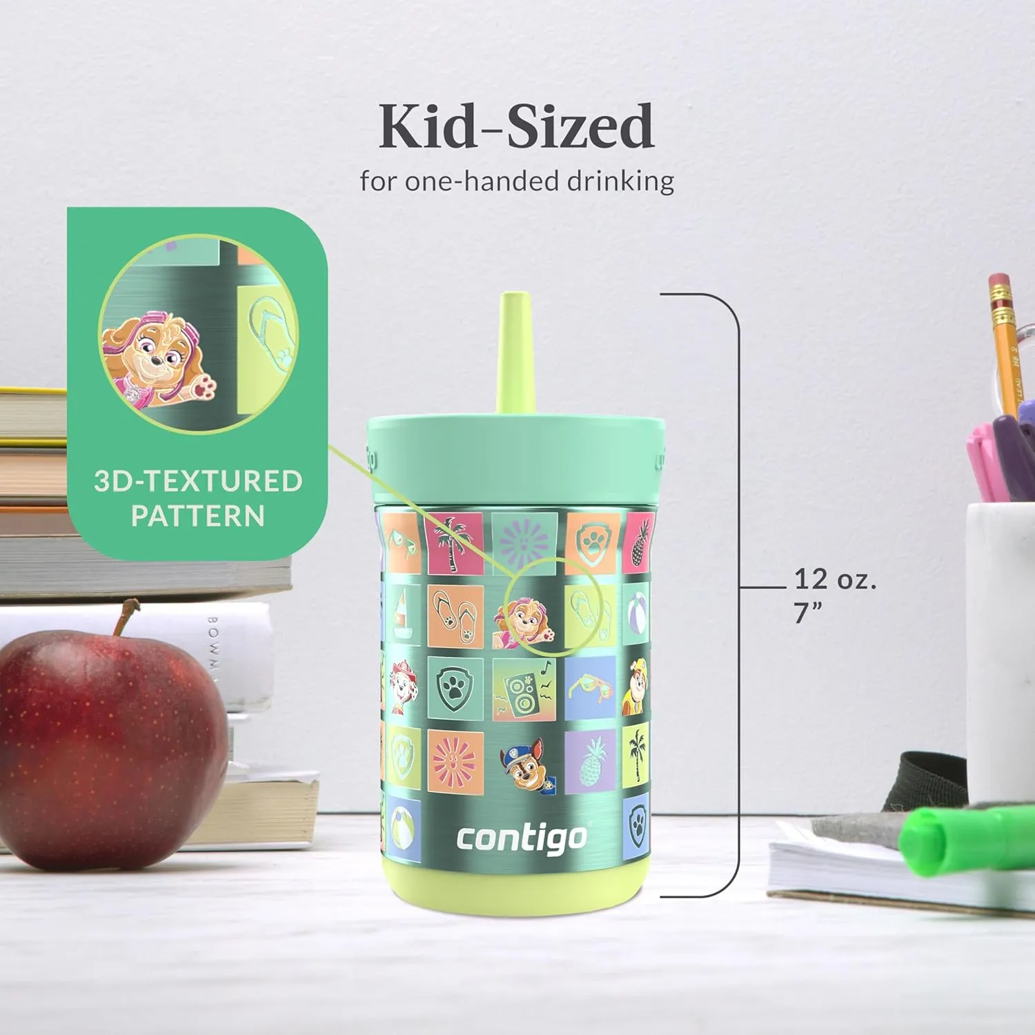 Contigo Kids Leighton Spill-Proof Stainless Steel Paw Patrol Tumbler with Straw, 12oz, Beach Day, Green