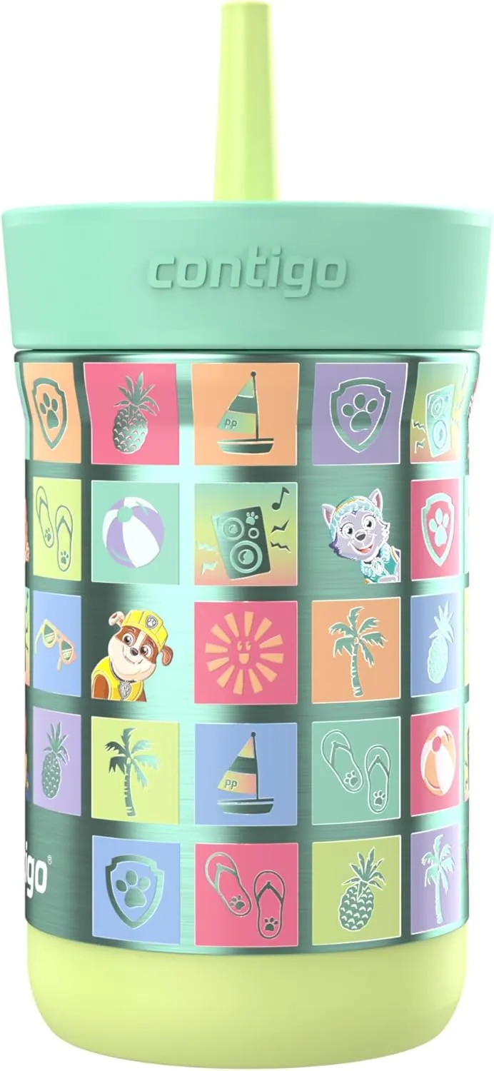 Contigo Kids Leighton Spill-Proof Stainless Steel Paw Patrol Tumbler with Straw, 12oz, Beach Day, Green