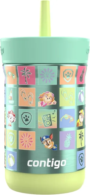 Contigo Kids Leighton Spill-Proof Stainless Steel Paw Patrol Tumbler with Straw, 12oz, Beach Day, Green