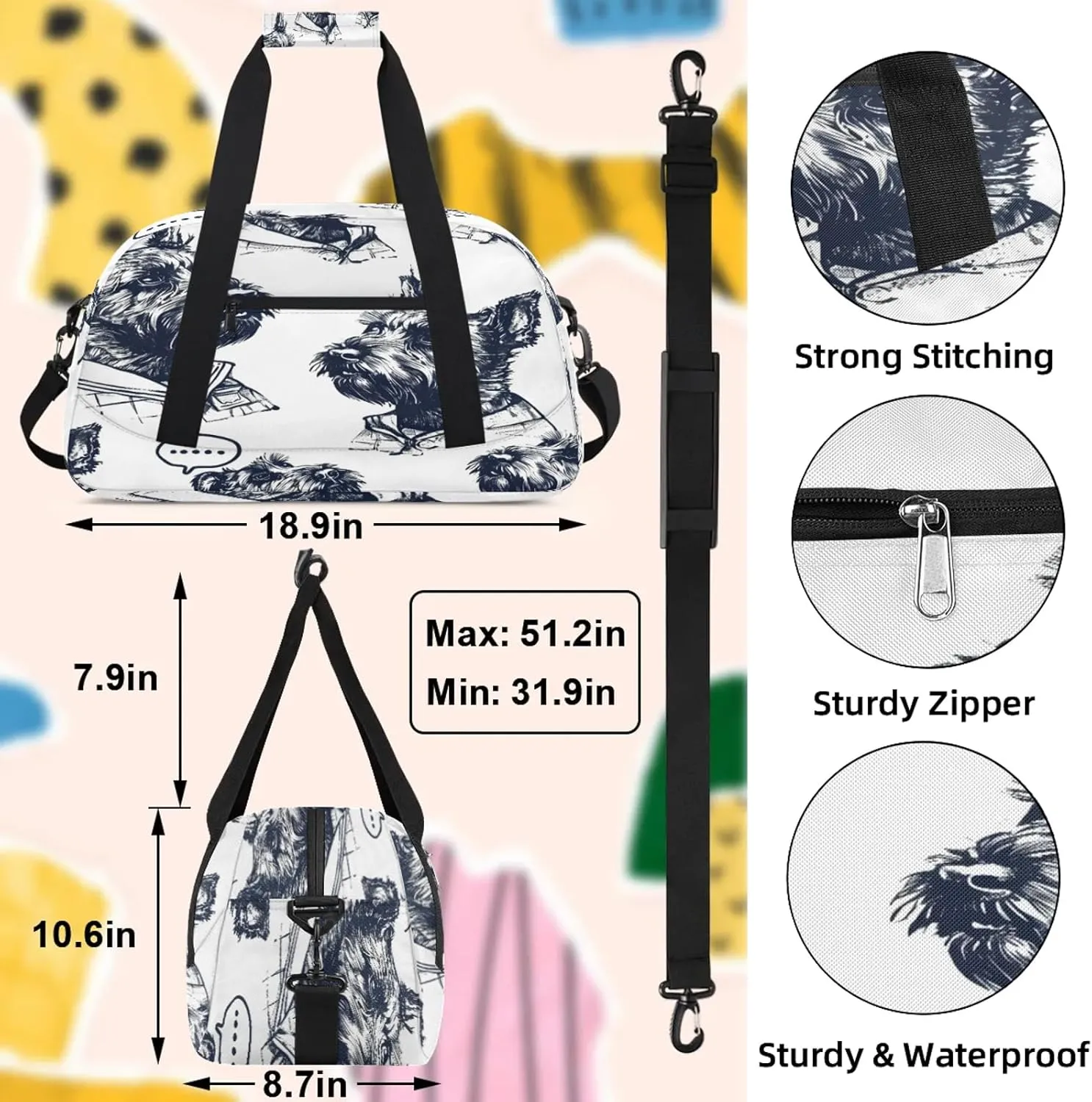 Cool Dogs Scottish Terrier Small Gym Bag 18 inch Carry On Duffel Bag for Weekender Travel Sports Workout Yoga Gymnastics Dance Ballet