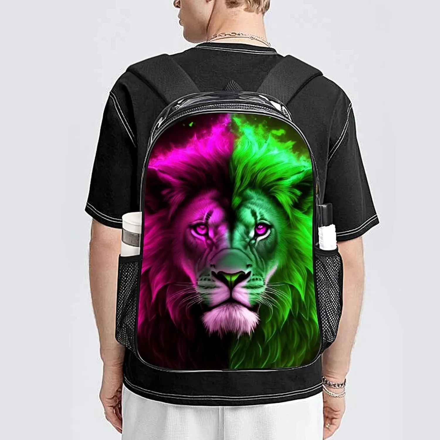 Cool Lion Blue And Red Fire Surreal Style Art Backpack Lightweight Anti-Theft Multipurpose Shoulder Bag Large Capacity Travel Hiking Backpack Transparent Bag