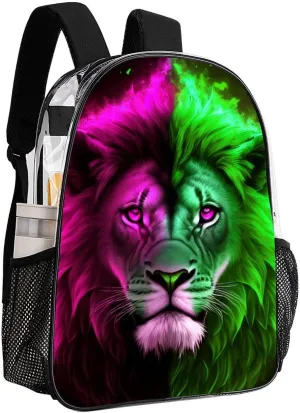 Cool Lion Blue And Red Fire Surreal Style Art Backpack Lightweight Anti-Theft Multipurpose Shoulder Bag Large Capacity Travel Hiking Backpack Transparent Bag
