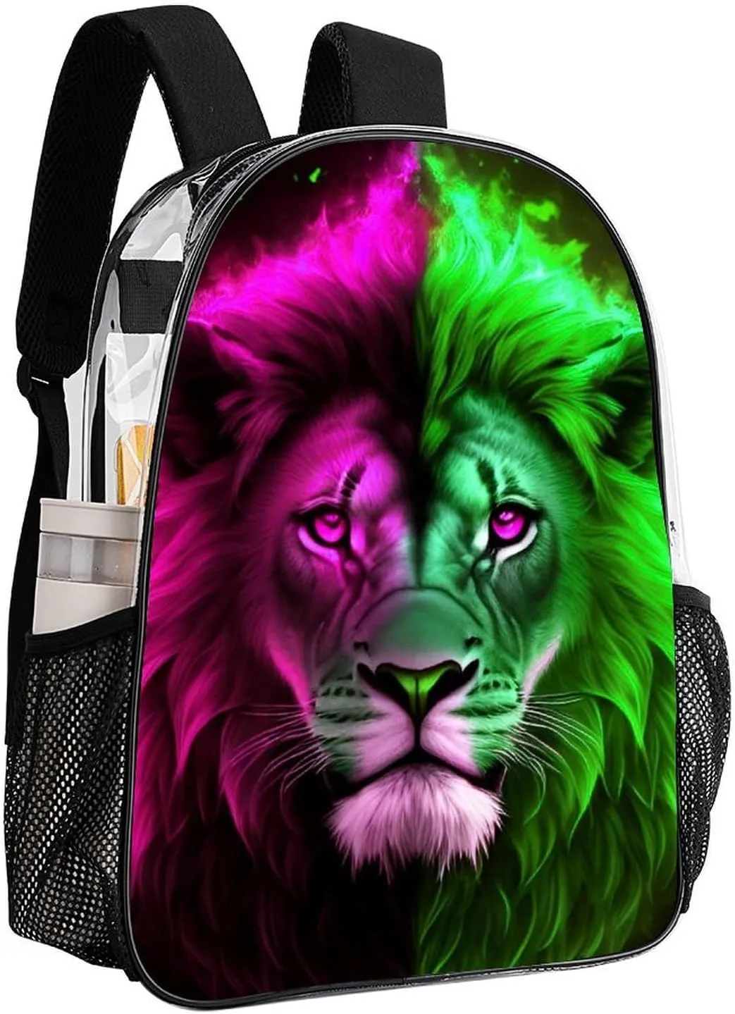 Cool Lion Blue And Red Fire Surreal Style Art Backpack Lightweight Anti-Theft Multipurpose Shoulder Bag Large Capacity Travel Hiking Backpack Transparent Bag