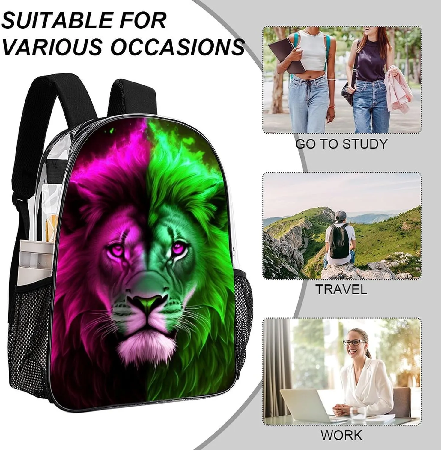 Cool Lion Blue And Red Fire Surreal Style Art Backpack Lightweight Anti-Theft Multipurpose Shoulder Bag Large Capacity Travel Hiking Backpack Transparent Bag