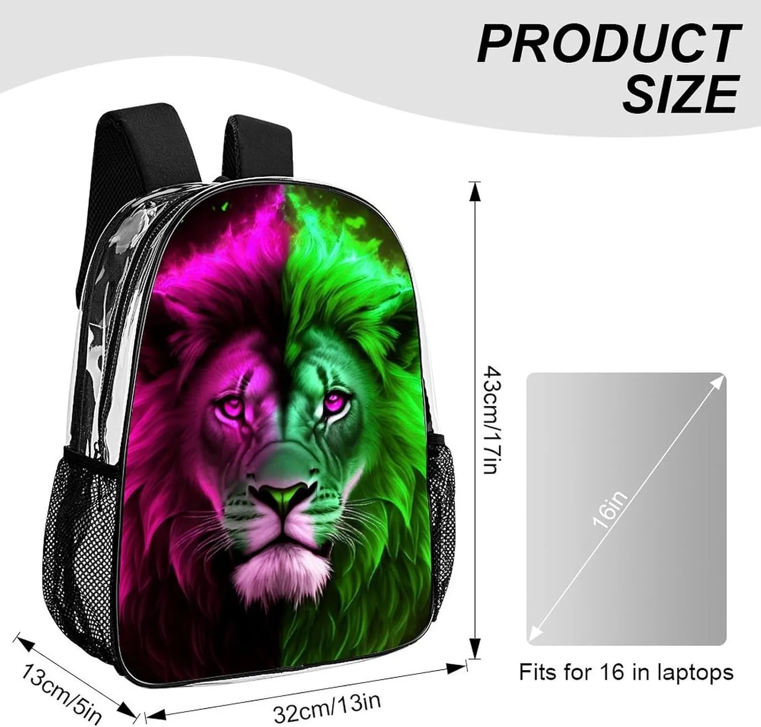 Cool Lion Blue And Red Fire Surreal Style Art Backpack Lightweight Anti-Theft Multipurpose Shoulder Bag Large Capacity Travel Hiking Backpack Transparent Bag