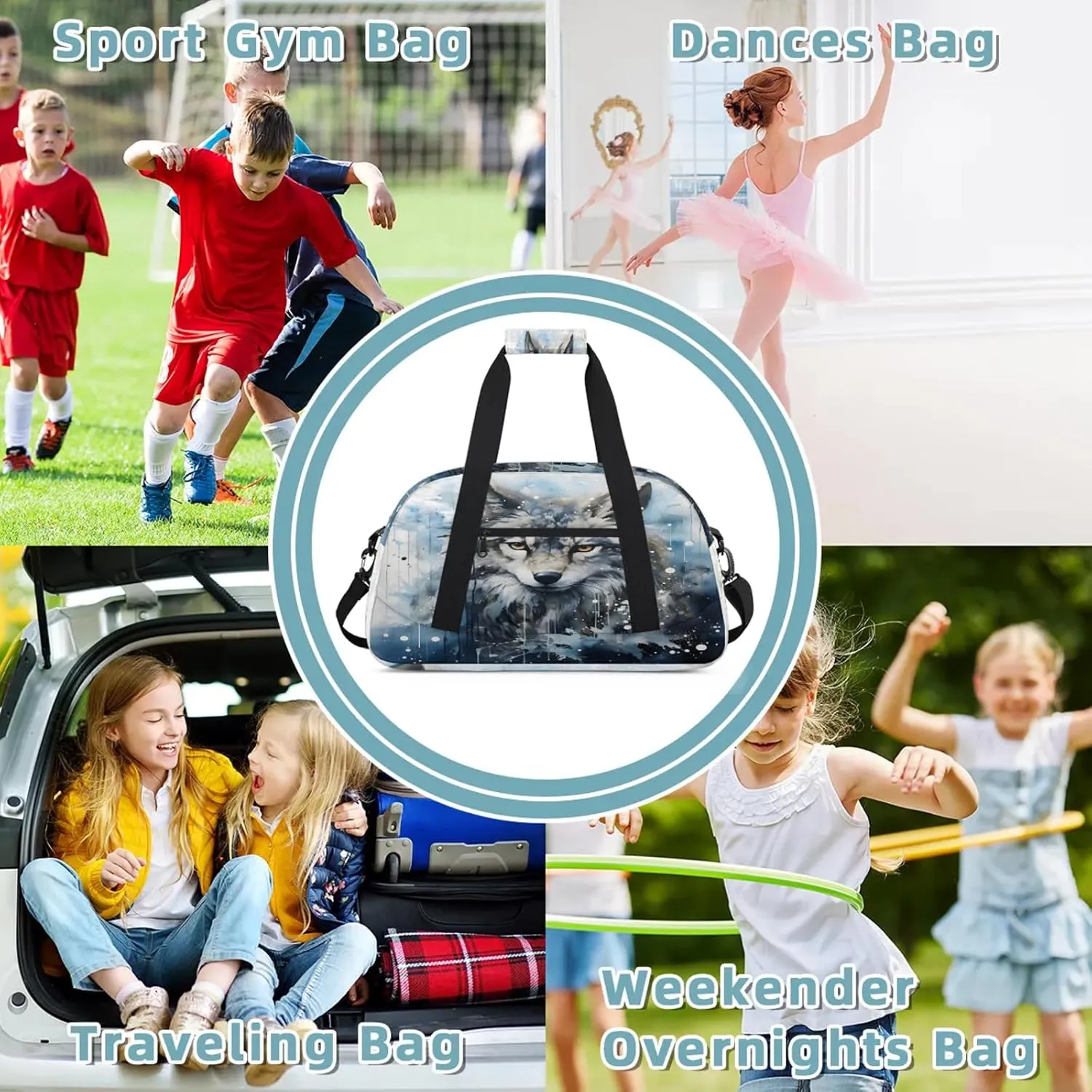 Cool Wolf Small Gym Bag 18 inch Carry On Duffel Bag for Weekender Travel Sports Workout Yoga Gymnastics Dance Ballet