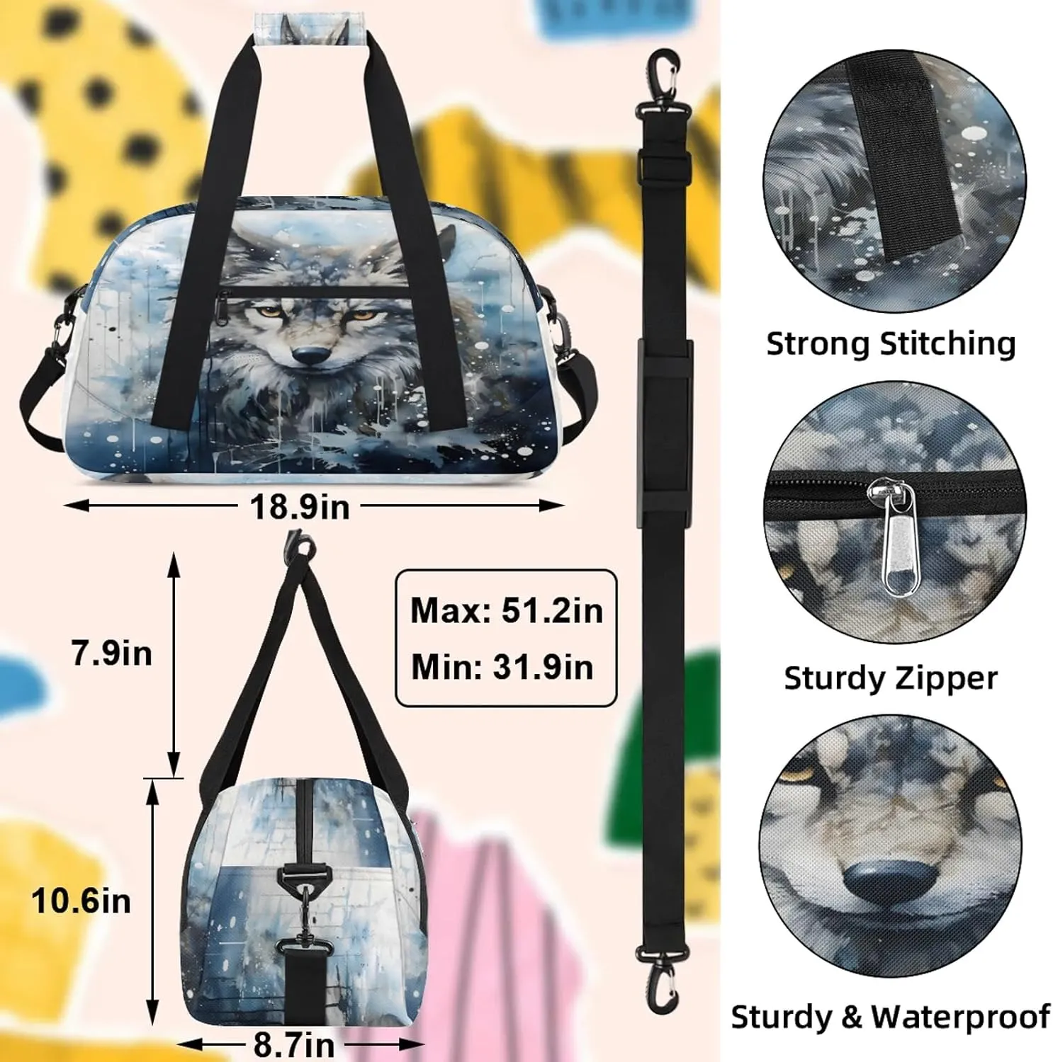 Cool Wolf Small Gym Bag 18 inch Carry On Duffel Bag for Weekender Travel Sports Workout Yoga Gymnastics Dance Ballet