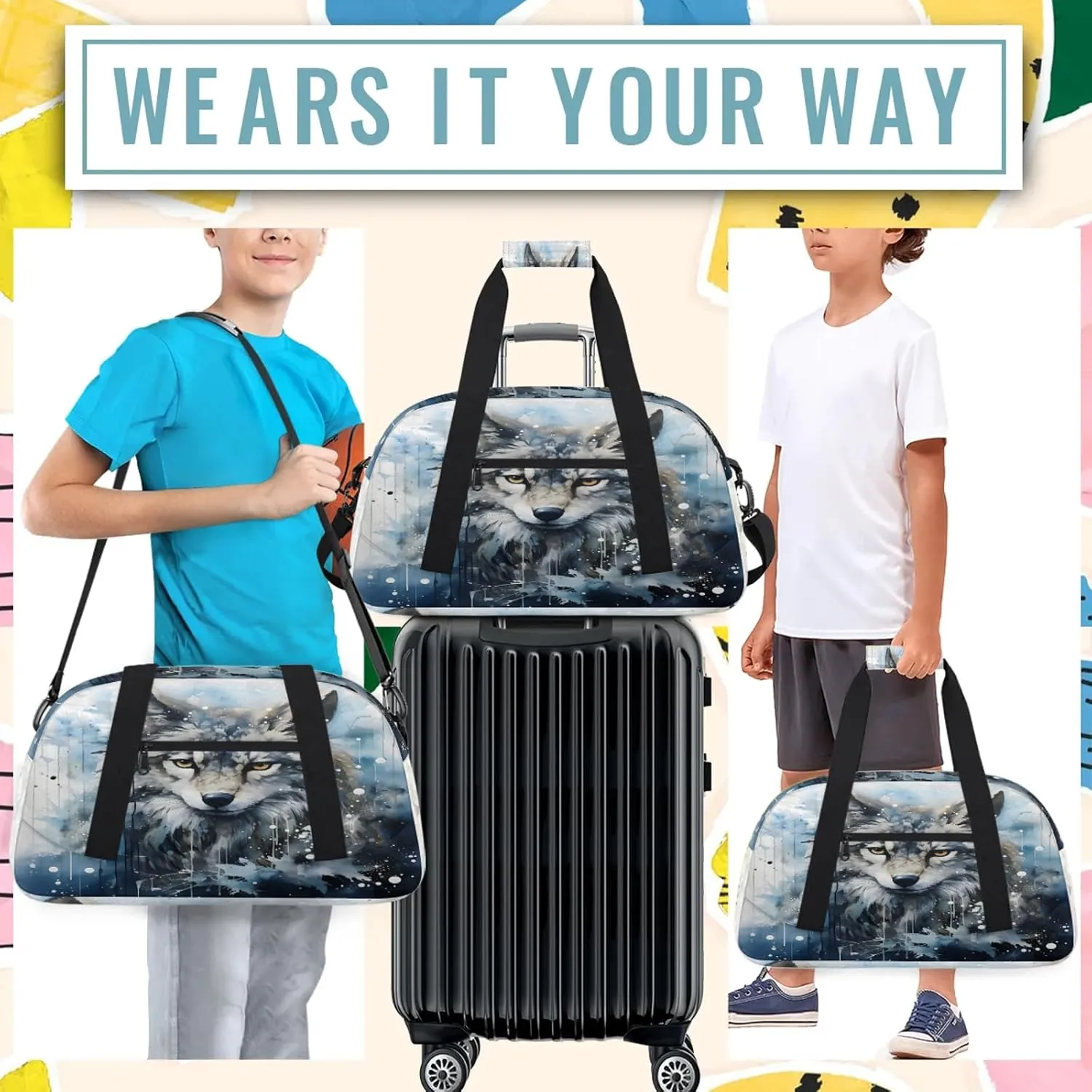 Cool Wolf Small Gym Bag 18 inch Carry On Duffel Bag for Weekender Travel Sports Workout Yoga Gymnastics Dance Ballet