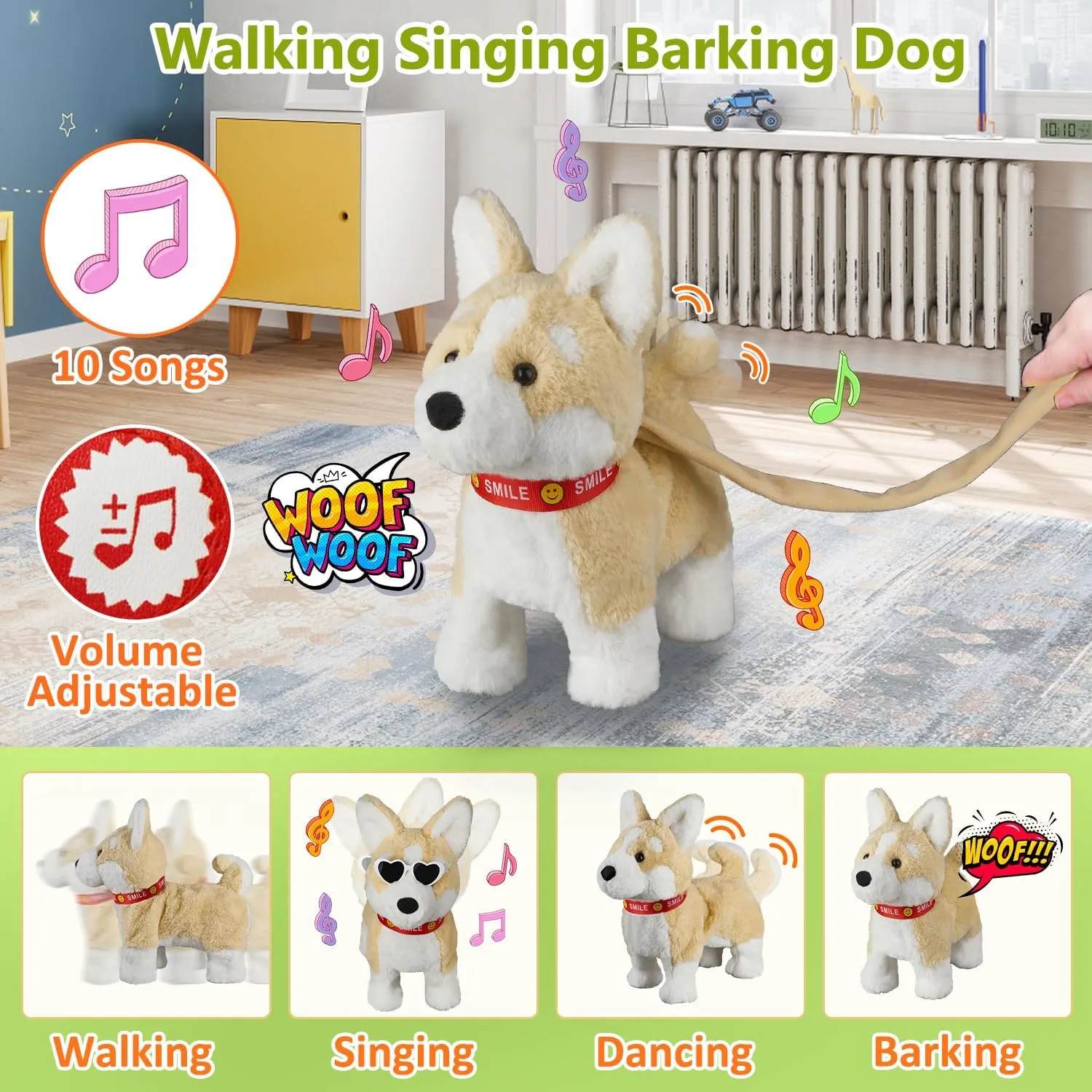 Corgi Walking Dog Toy, Musical Singing Dancing Puppy, Volume Control Interactive, Wagging Tail Shaking Head, Electronic Stuffed Animal for Kids