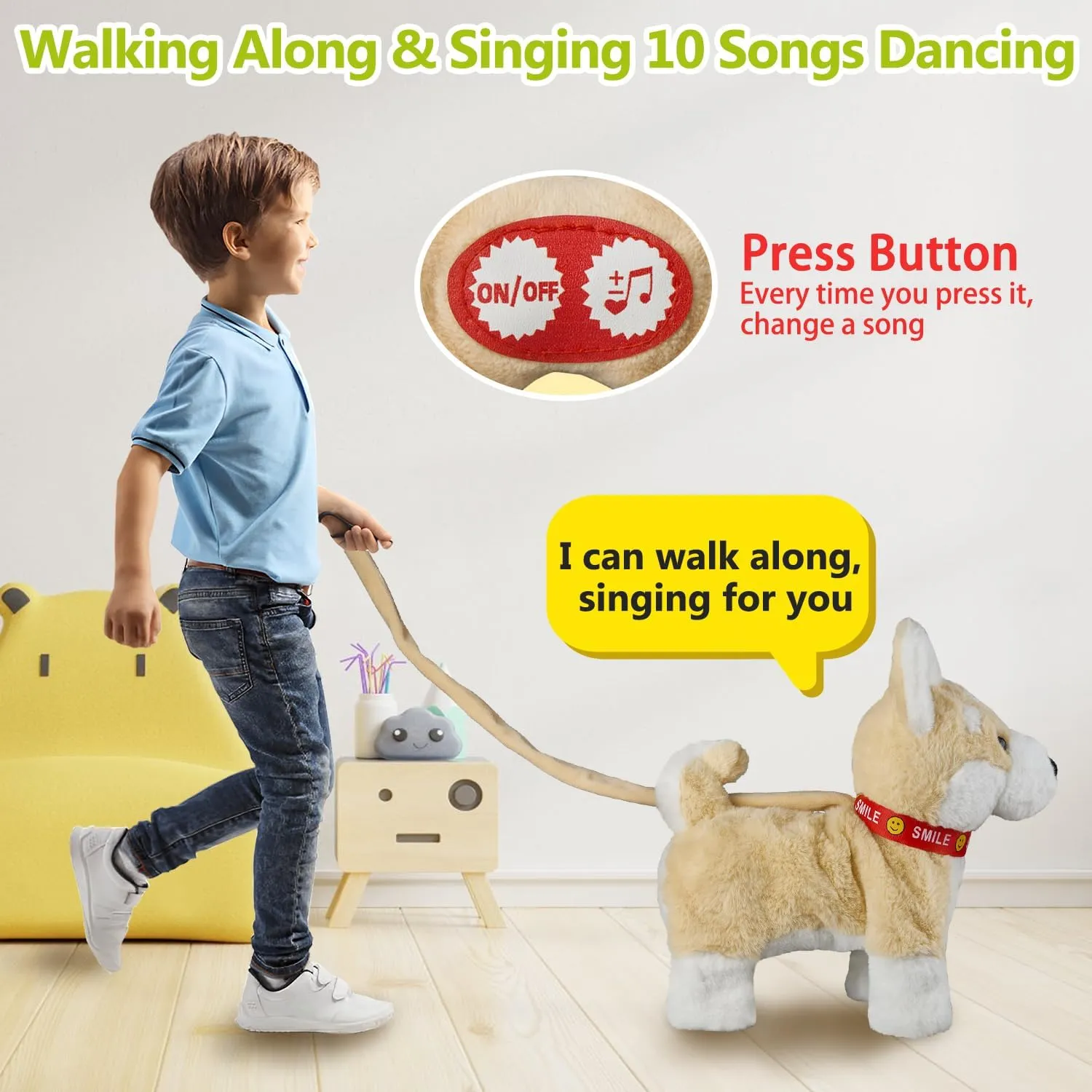 Corgi Walking Dog Toy, Musical Singing Dancing Puppy, Volume Control Interactive, Wagging Tail Shaking Head, Electronic Stuffed Animal for Kids