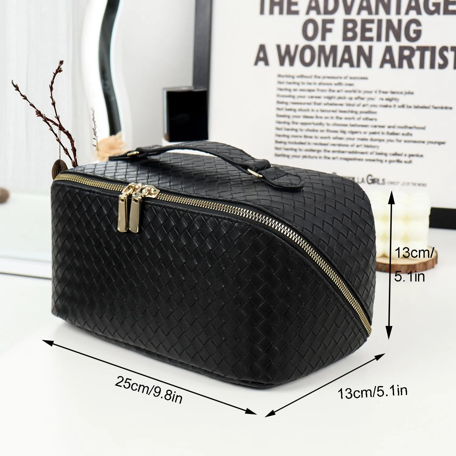 Cosmetic Bags Travel Makeup Bag for Women, Large Wide-open Waterproof Portable PU Leather Makeup Organizer Storage Toiletry Bag