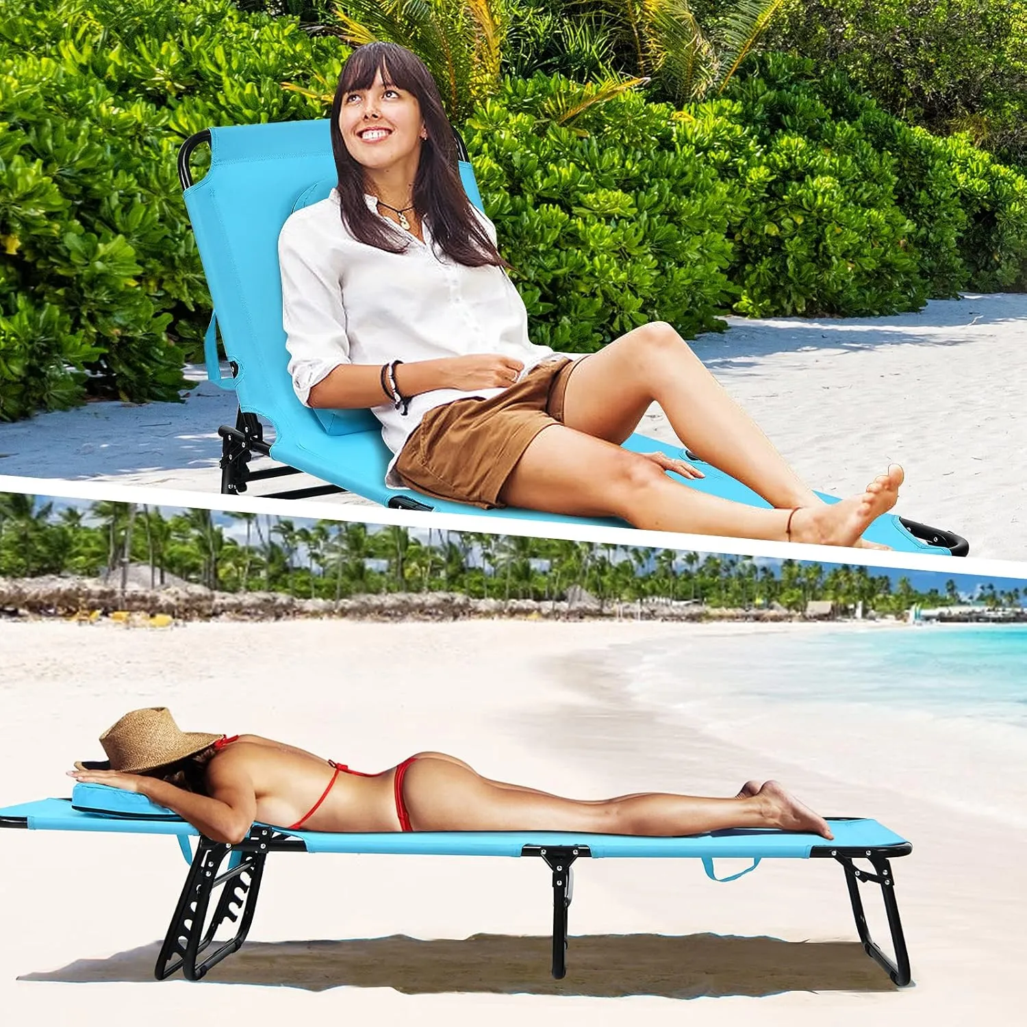 COSTWAY Tanning Chair with Face Hole, Pillows & 5-Position Adjustable Backrest, Portable with Carrying Bag, Folding Beach Chaise Lounge for Sunbathing, Seaside, Turquoise