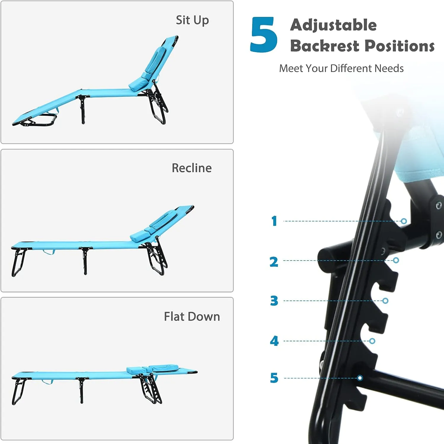 COSTWAY Tanning Chair with Face Hole, Pillows & 5-Position Adjustable Backrest, Portable with Carrying Bag, Folding Beach Chaise Lounge for Sunbathing, Seaside, Turquoise