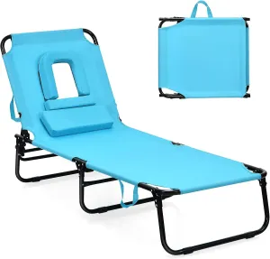 COSTWAY Tanning Chair with Face Hole, Pillows & 5-Position Adjustable Backrest, Portable with Carrying Bag, Folding Beach Chaise Lounge for Sunbathing, Seaside, Turquoise