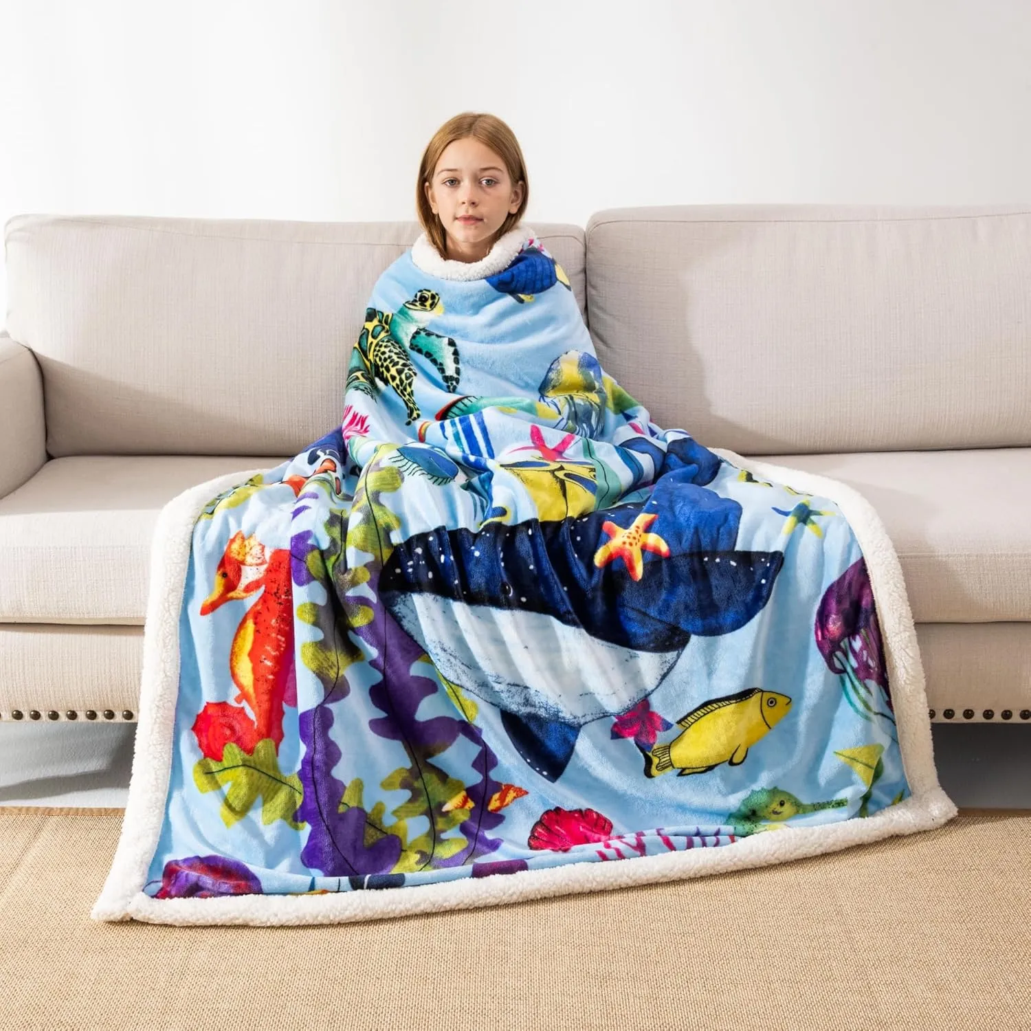 COSUSKET Throw Blanket for Kids Sherpa 50×60 inches, Underwater World Blankets, Super Soft Fuzzy Plush Flannel Blanket Girls Gifts