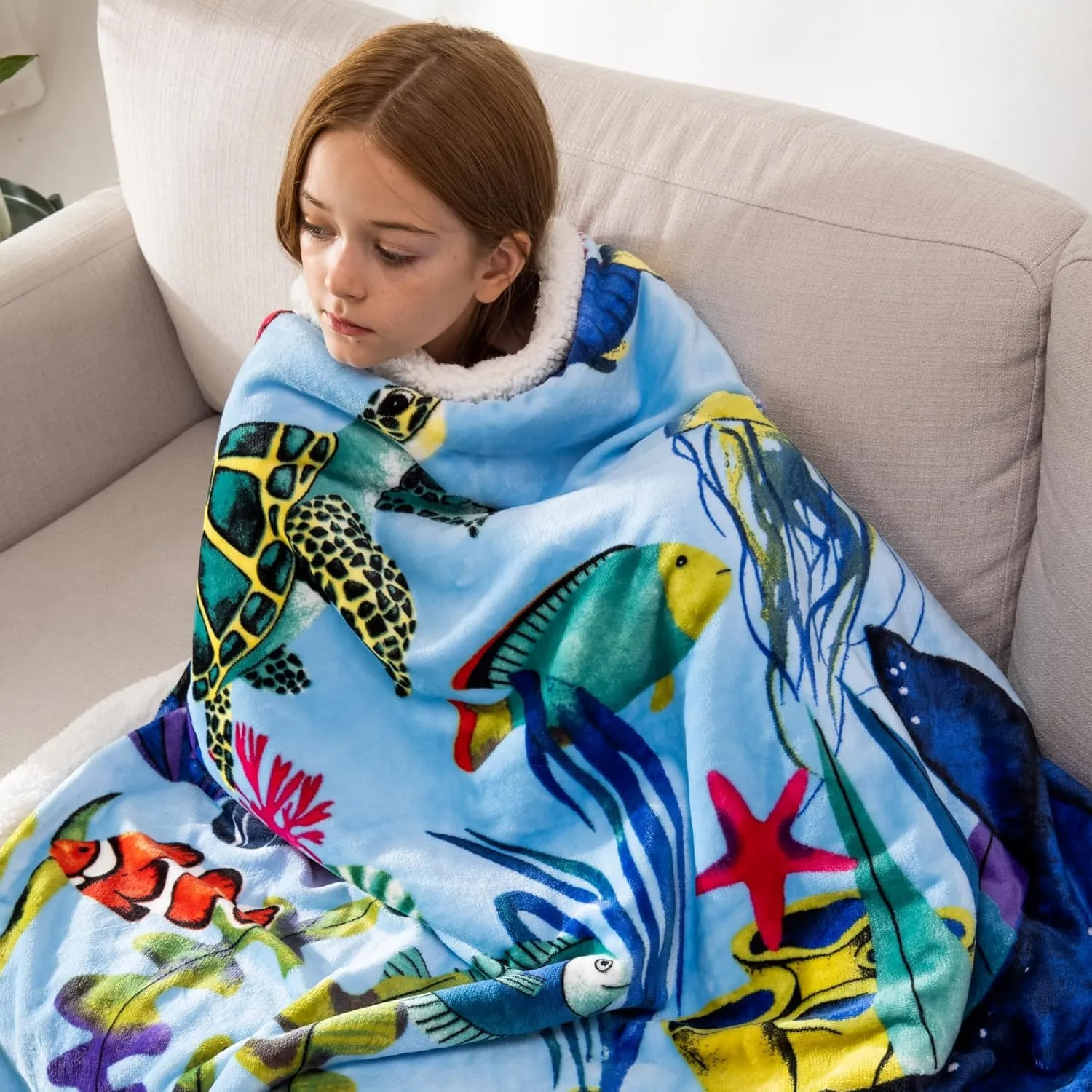 COSUSKET Throw Blanket for Kids Sherpa 50×60 inches, Underwater World Blankets, Super Soft Fuzzy Plush Flannel Blanket Girls Gifts