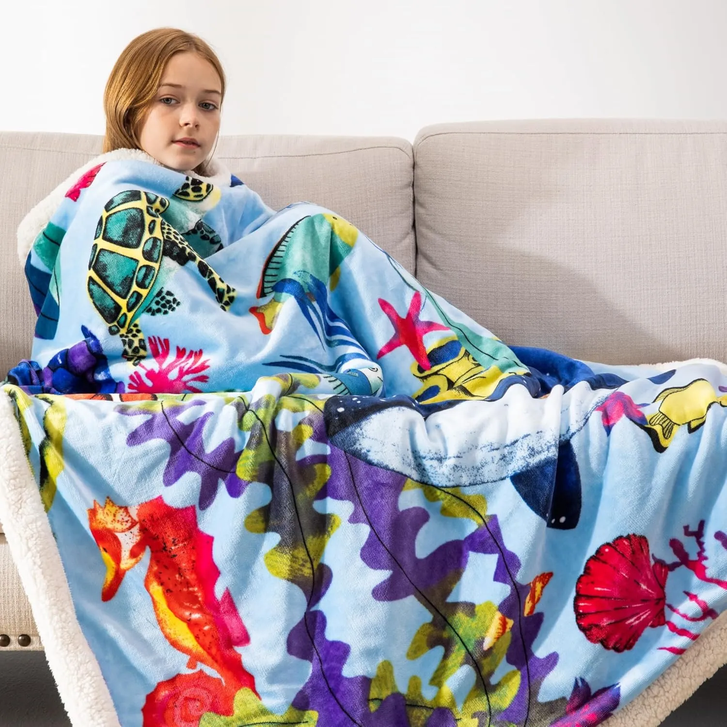 COSUSKET Throw Blanket for Kids Sherpa 50×60 inches, Underwater World Blankets, Super Soft Fuzzy Plush Flannel Blanket Girls Gifts