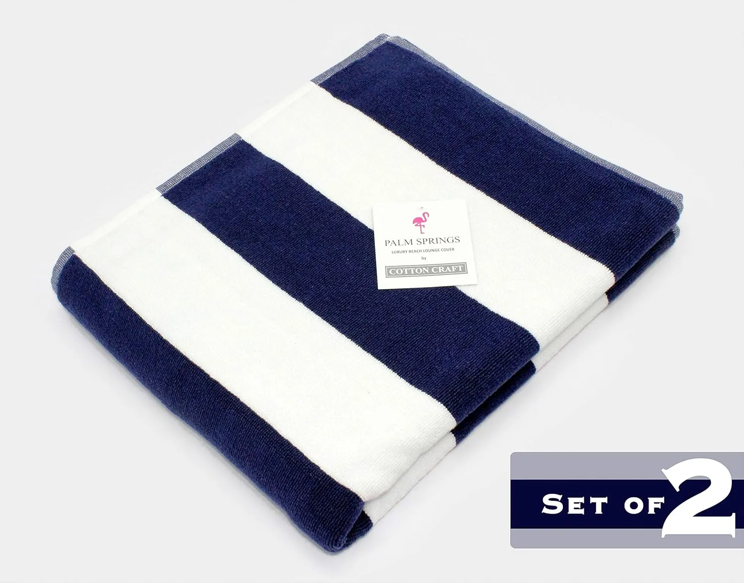 COTTON CRAFT Pool Lounge Chair Cover - 2 Pack - Chaise Beach Picnic Spa Towel - Cabana Stripe - Soft Premium Ringspun Terry Cotton - Oversized - 32 inch Wide x 82 inch Long with 7 inch Pocket – Navy