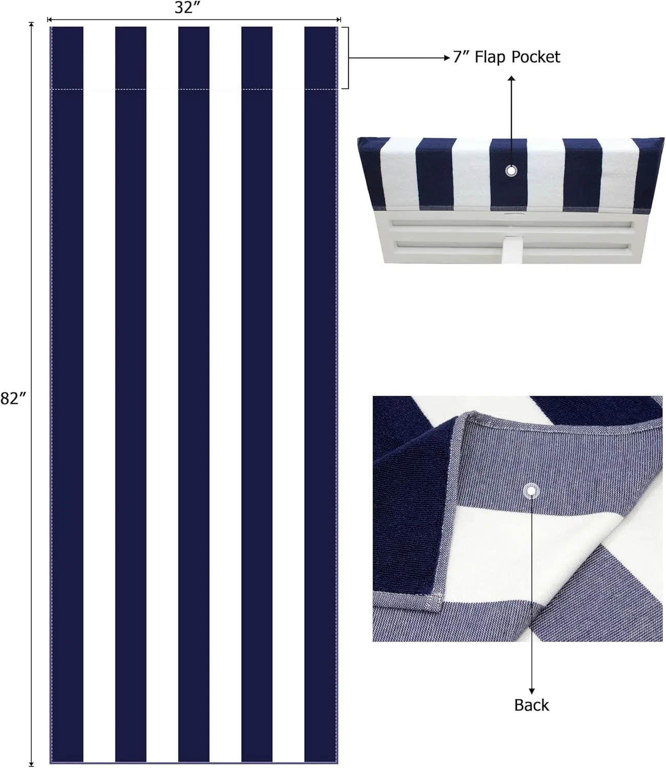 COTTON CRAFT Pool Lounge Chair Cover - 2 Pack - Chaise Beach Picnic Spa Towel - Cabana Stripe - Soft Premium Ringspun Terry Cotton - Oversized - 32 inch Wide x 82 inch Long with 7 inch Pocket – Navy