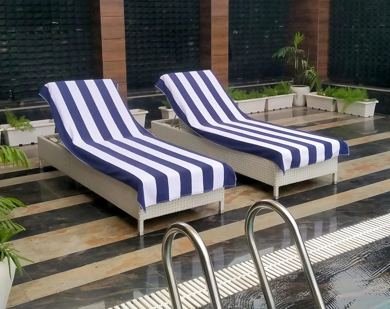 COTTON CRAFT Pool Lounge Chair Cover - 2 Pack - Chaise Beach Picnic Spa Towel - Cabana Stripe - Soft Premium Ringspun Terry Cotton - Oversized - 32 inch Wide x 82 inch Long with 7 inch Pocket – Navy