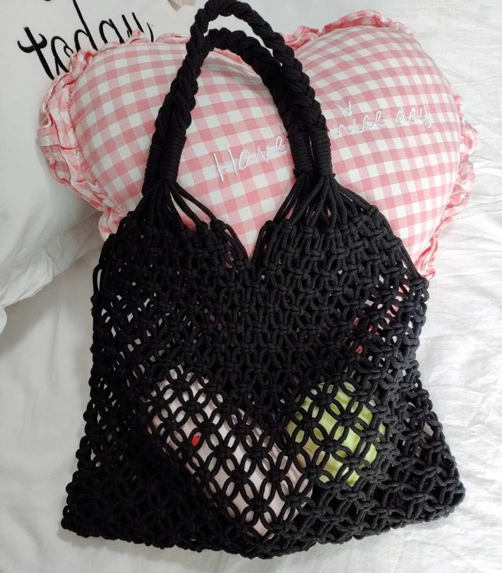 Cotton Rope Travel Beach Fishing Net Handbag Shopping Woven Shoulder Bag for Women