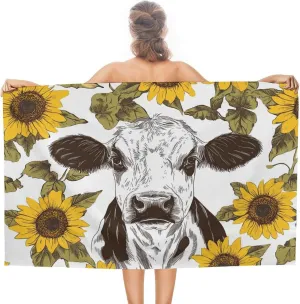 Cow Print with Sunflowers Beach Towel Sand Free Microfiber Large Shower Towels Multipurpose Absorbent for Bathroom Pool 52x32 Inch