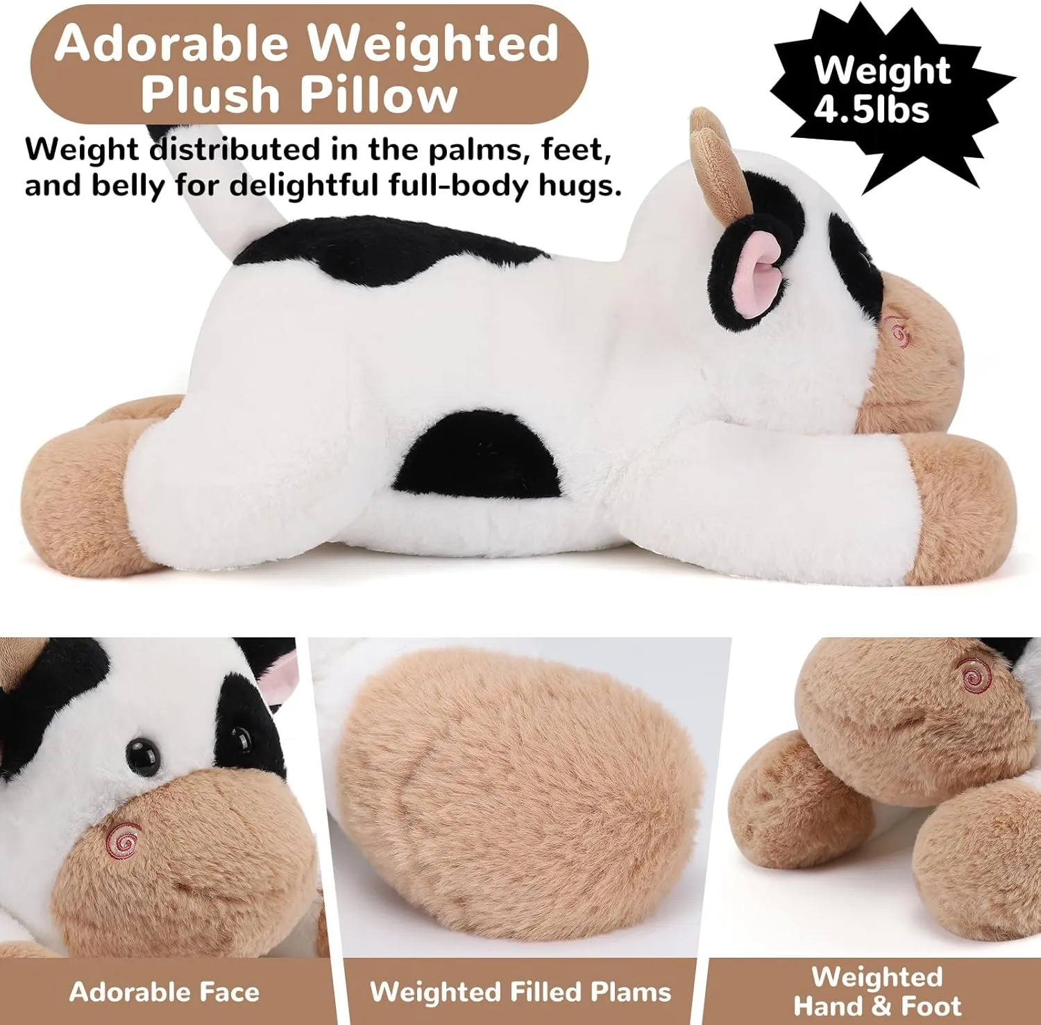 Cow Weighted Stuffed Animals - 22 Inch 4.5 Pounds Weighted Plushies Cow Stuffed Animals - Big Plush Pillow - Cute Plush Toys Gifts for Kids & Adults (22" 4.5 lbs)