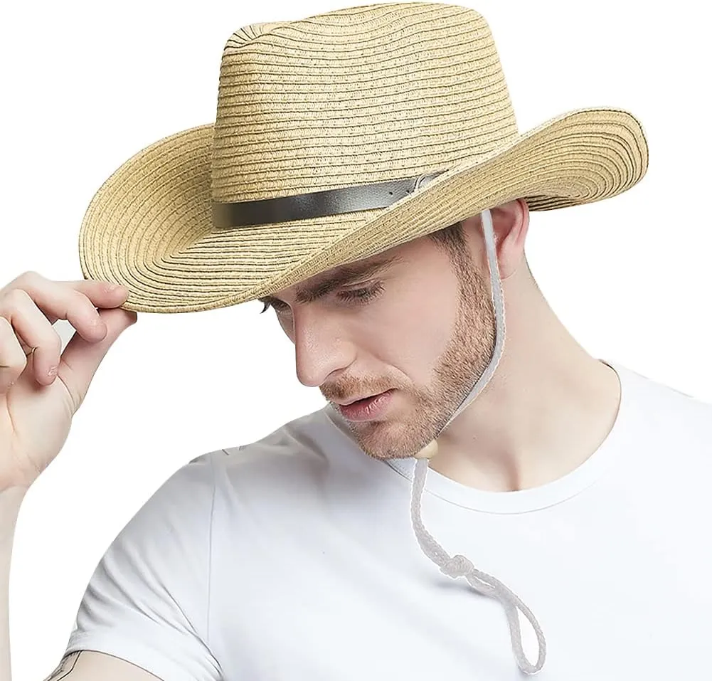 Cowboy Straw Sun Hat for Men UPF 50  Summer Beach UV Panama Fedora Cowgirl Western Shapeable Brim Outdoor Cap with Belt
