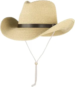 Cowboy Straw Sun Hat for Men UPF 50  Summer Beach UV Panama Fedora Cowgirl Western Shapeable Brim Outdoor Cap with Belt