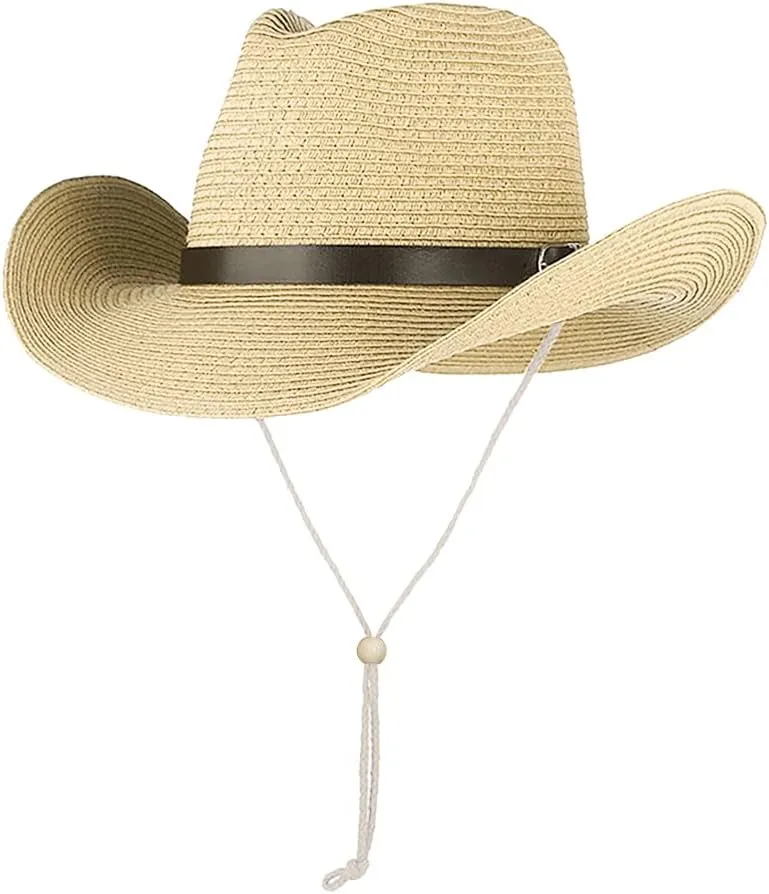Cowboy Straw Sun Hat for Men UPF 50  Summer Beach UV Panama Fedora Cowgirl Western Shapeable Brim Outdoor Cap with Belt