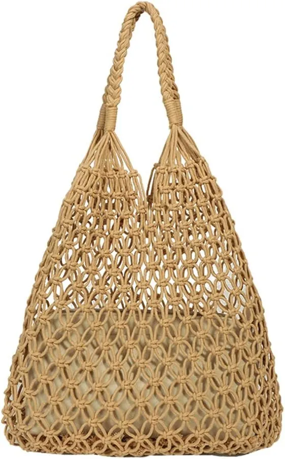 Crochet Mesh Tote Beach Bag Woven Hollow Out Handbag, Straw Rattan Net Shoulder Purse Summer Armpit Bag for Women