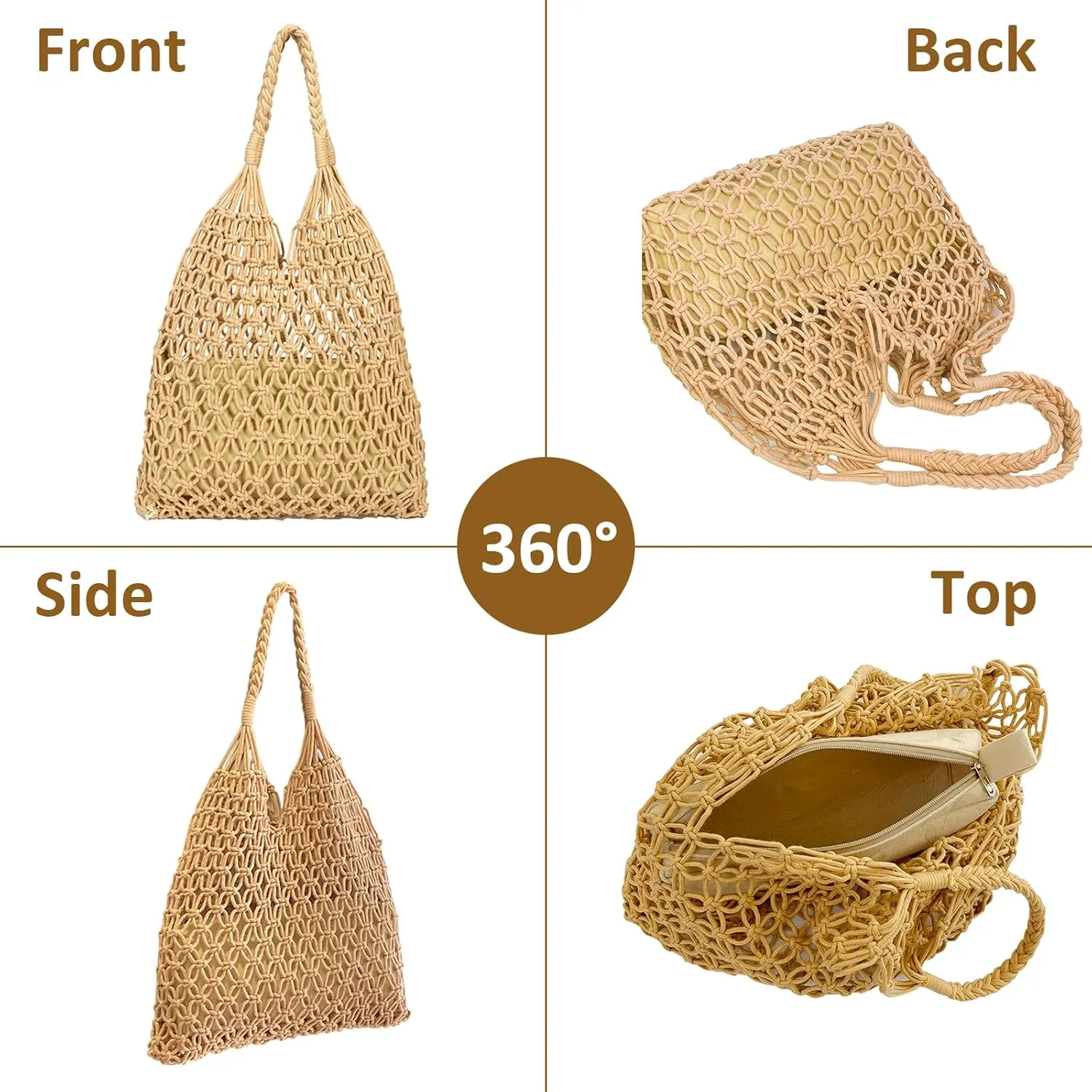 Crochet Mesh Tote Beach Bag Woven Hollow Out Handbag, Straw Rattan Net Shoulder Purse Summer Armpit Bag for Women