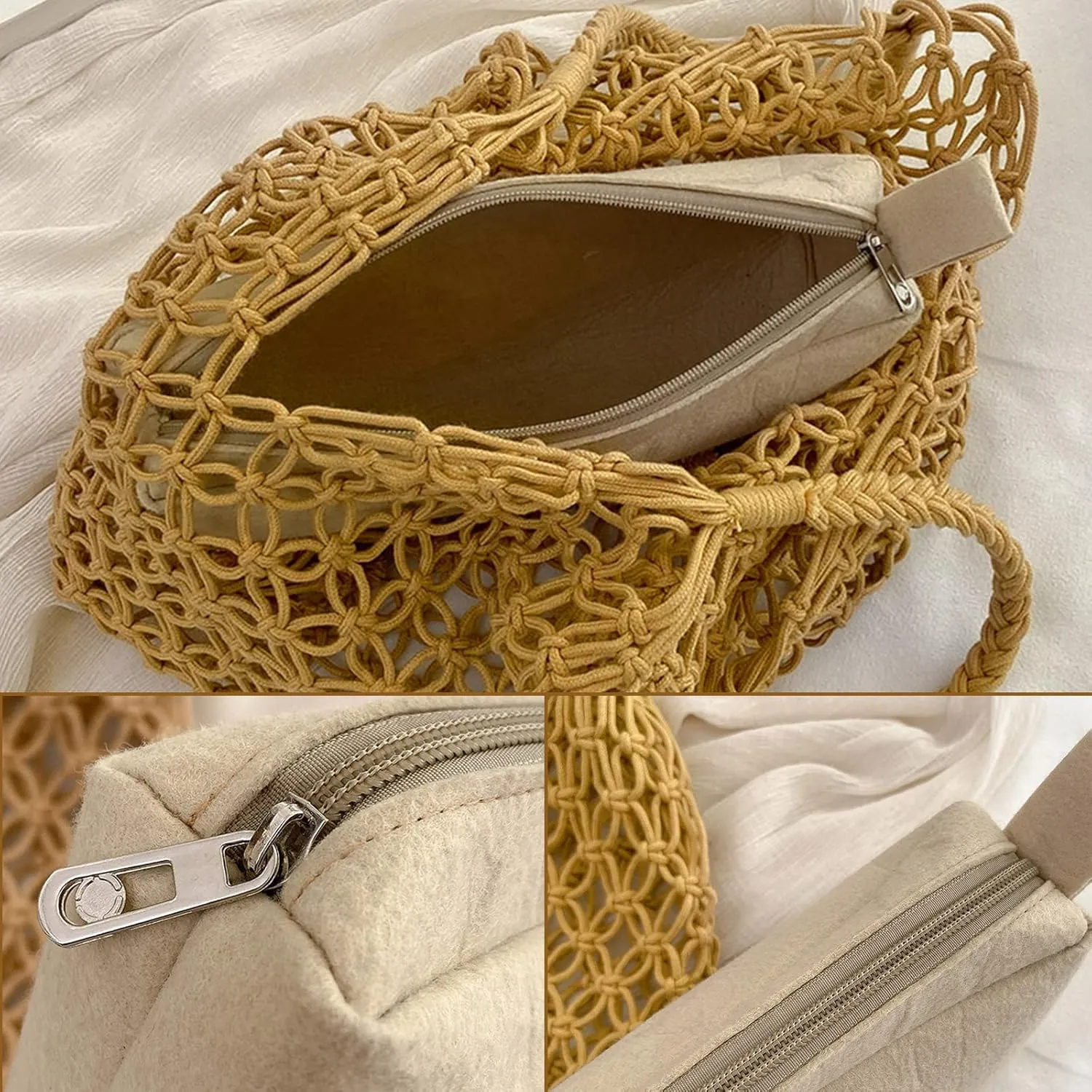 Crochet Mesh Tote Beach Bag Woven Hollow Out Handbag, Straw Rattan Net Shoulder Purse Summer Armpit Bag for Women
