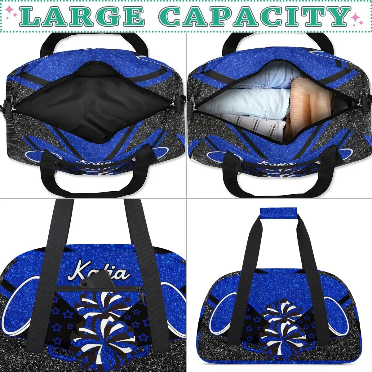 Custom Cheer Duffel Bag with Name Personalized Cheerleader Bag Sport Duffel Bag Customized Cheer Gifts Weekender Travel Bag, Blue