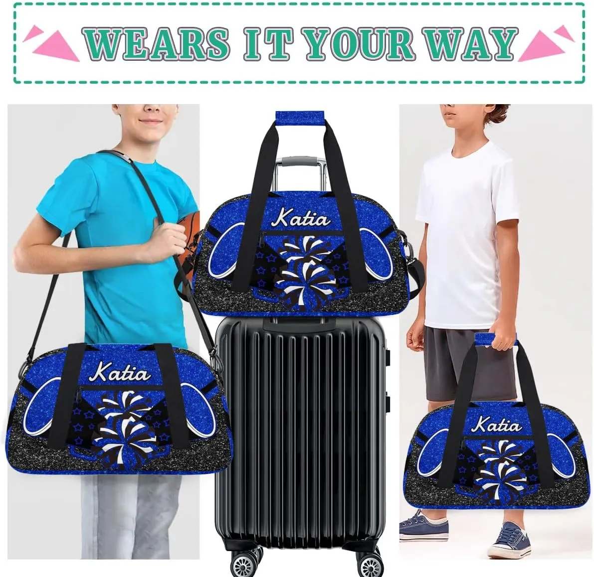 Custom Cheer Duffel Bag with Name Personalized Cheerleader Bag Sport Duffel Bag Customized Cheer Gifts Weekender Travel Bag, Blue