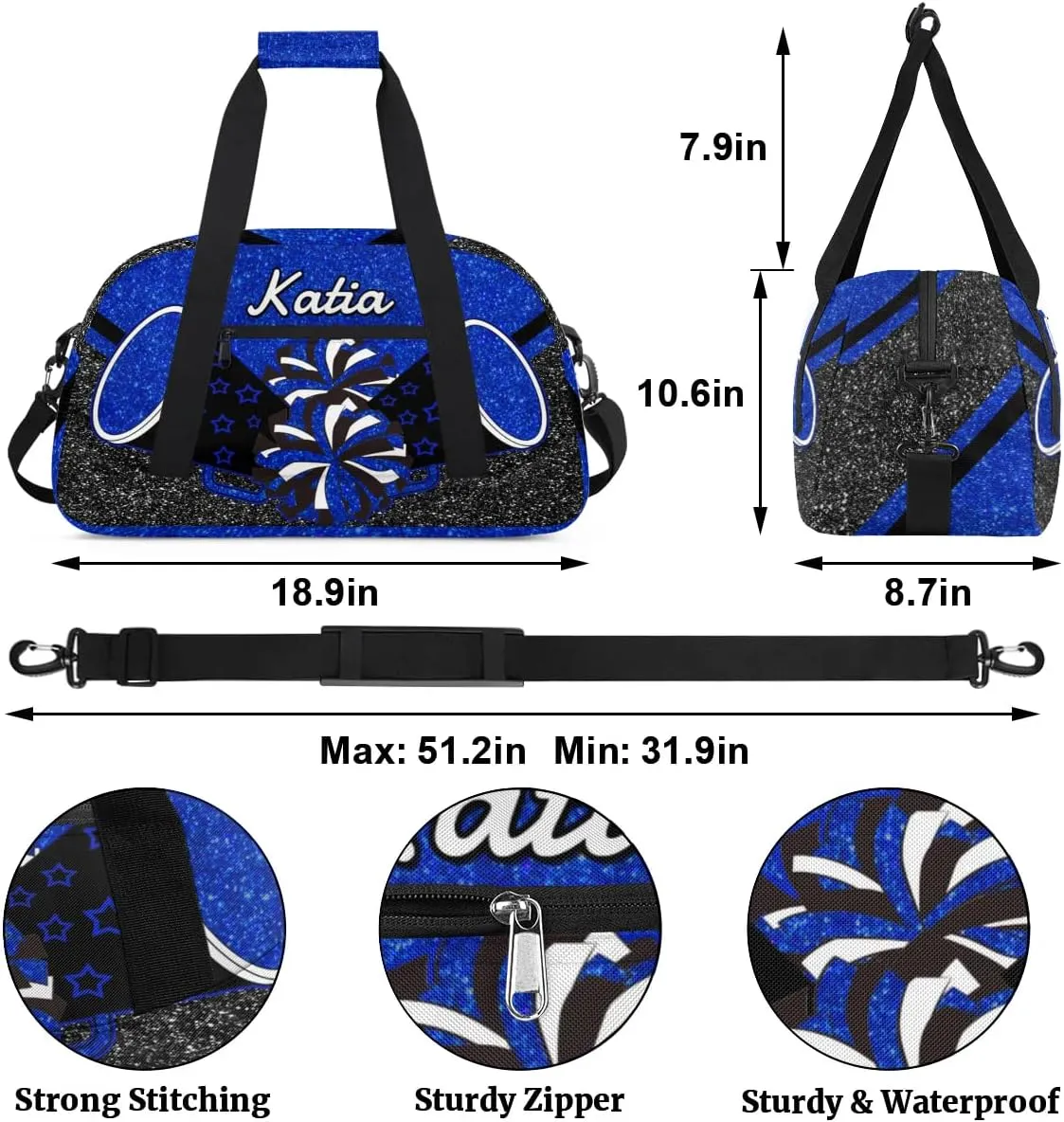 Custom Cheer Duffel Bag with Name Personalized Cheerleader Bag Sport Duffel Bag Customized Cheer Gifts Weekender Travel Bag, Blue