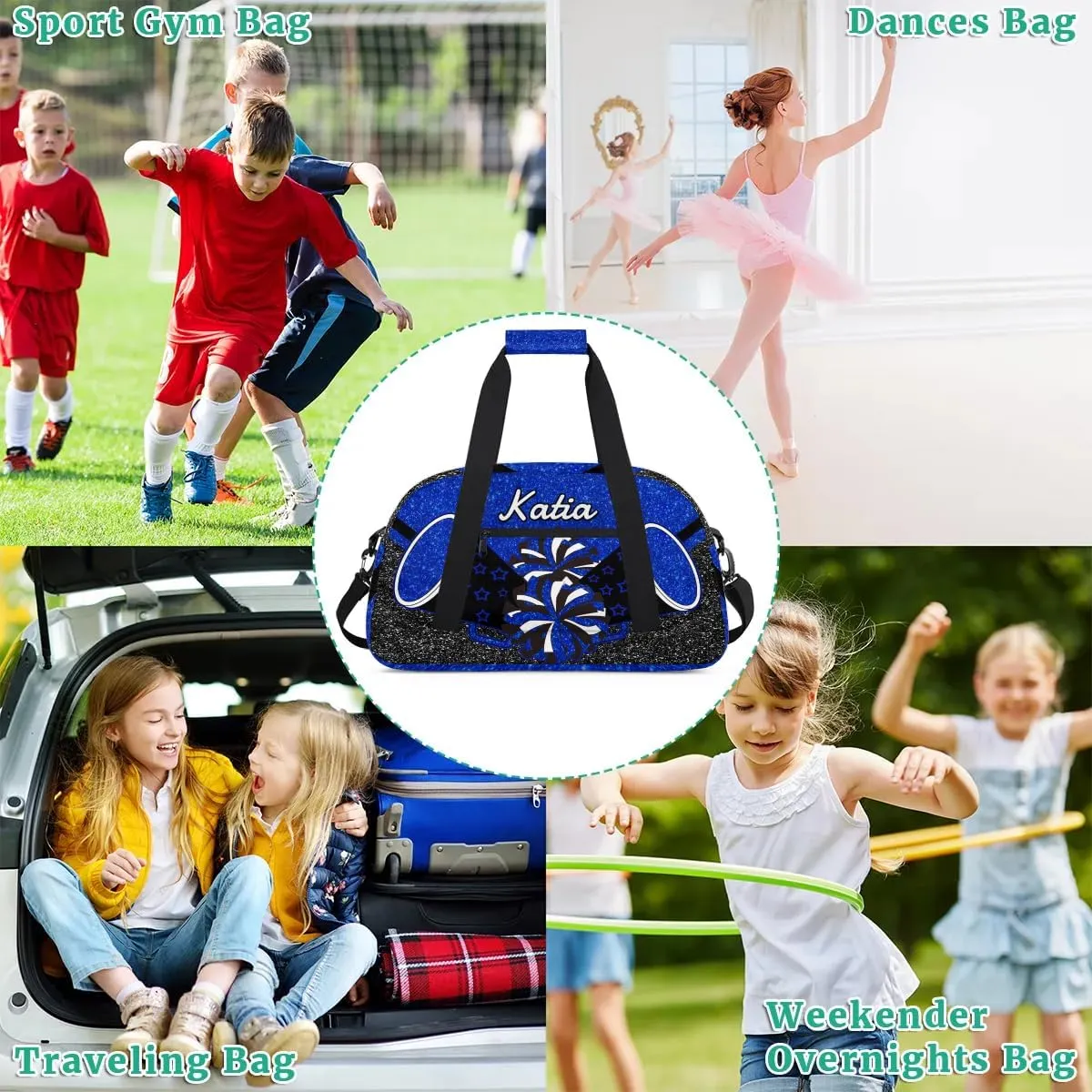 Custom Cheer Duffel Bag with Name Personalized Cheerleader Bag Sport Duffel Bag Customized Cheer Gifts Weekender Travel Bag, Blue