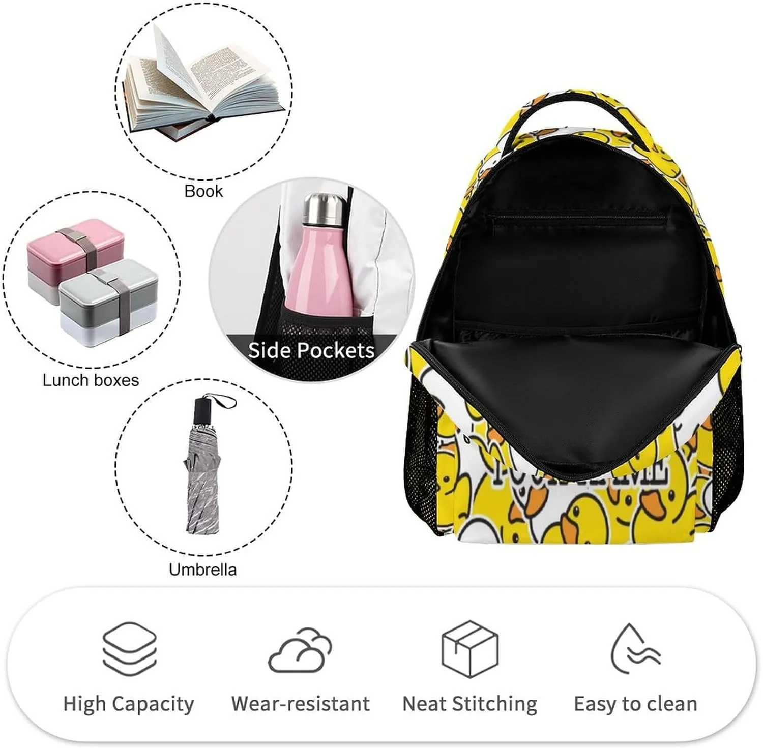 Custom Duck Backpack for Kids Girls Boys School, 16 Inches Cute Duck Theme Bookbag, Adjustable, Lightweight, Large Capacity, Colorful Duck Backpack for School
