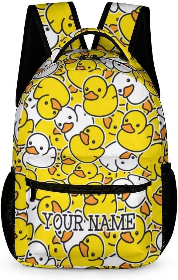 Custom Duck Backpack for Kids Girls Boys School, 16 Inches Cute Duck Theme Bookbag, Adjustable, Lightweight, Large Capacity, Colorful Duck Backpack for School