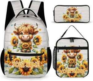 Custom Highland Cow Backpack with Lunch Box & Pencil Case, 16 Inch Cute Highland Cow Bookbag, Adjustable Lightweight Large Capacity, Colorful Backpack Set for Kids Girls Boys School
