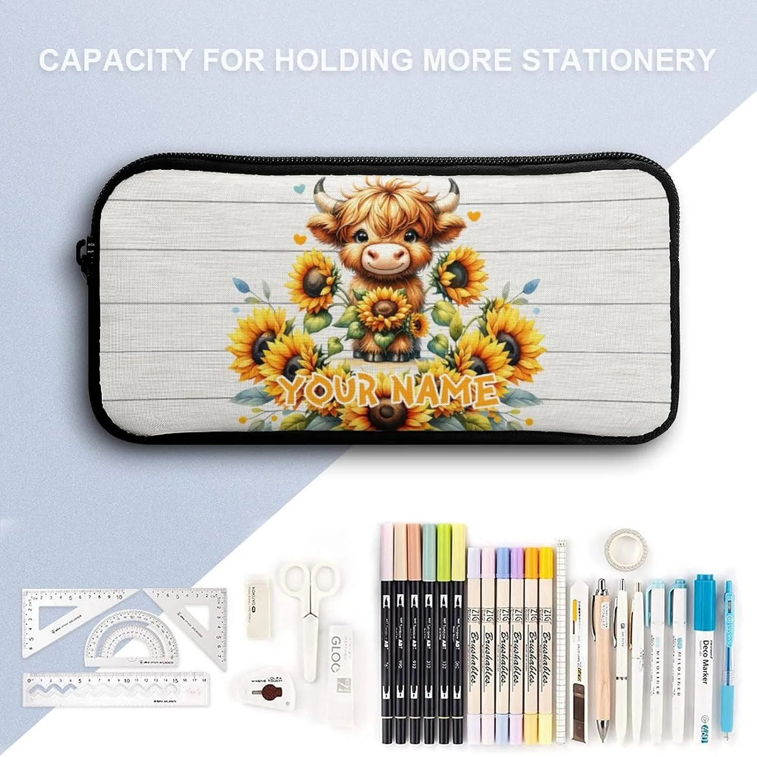 Custom Highland Cow Backpack with Lunch Box & Pencil Case, 16 Inch Cute Highland Cow Bookbag, Adjustable Lightweight Large Capacity, Colorful Backpack Set for Kids Girls Boys School