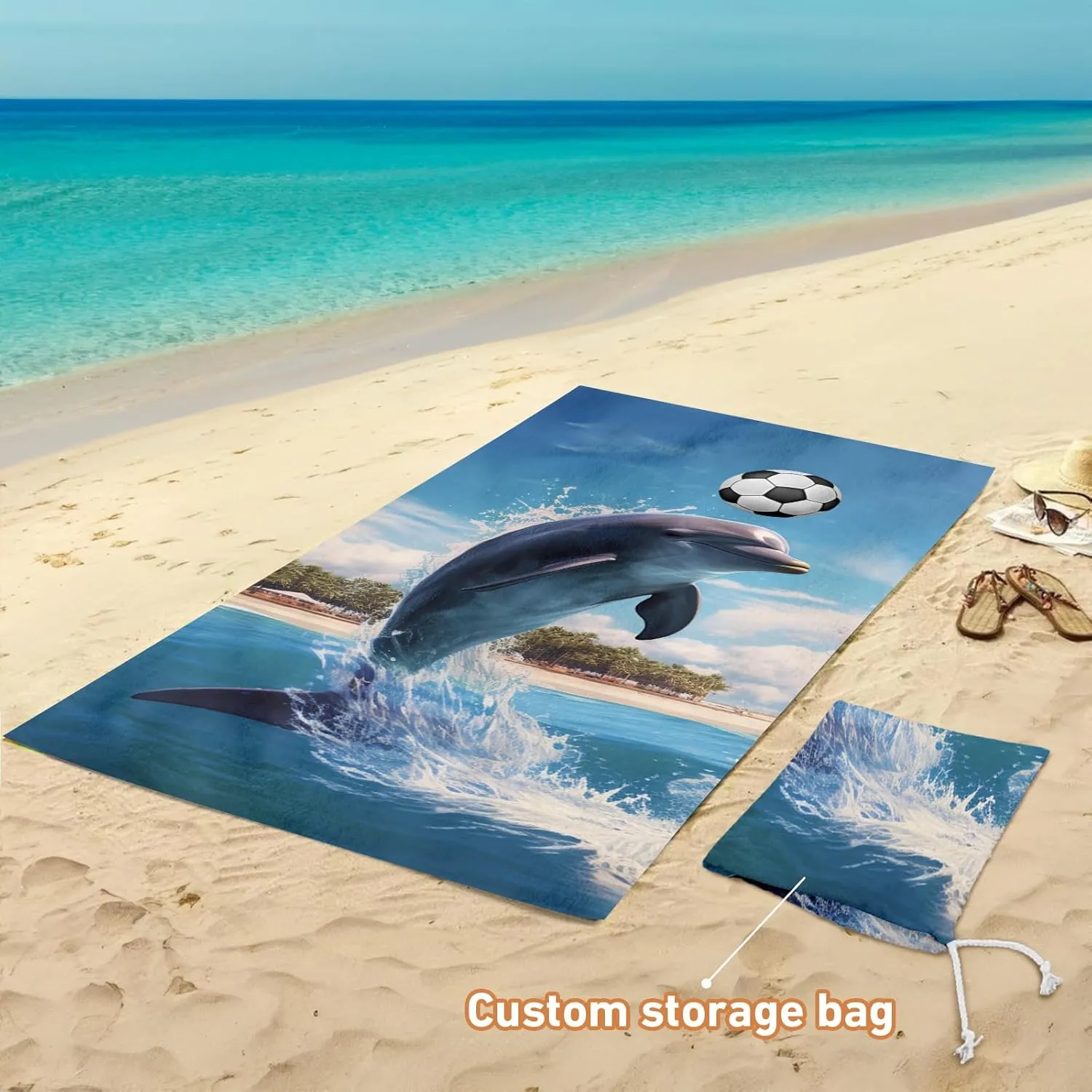 Custom Name Beach Towel - Personalized Dolphin Playing Soccer Design - Oversized Soft Absorbent Microfiber Bath Pool Towels for Kids Adults Boy Girl Beach Blanket Essentials with Storage Bag